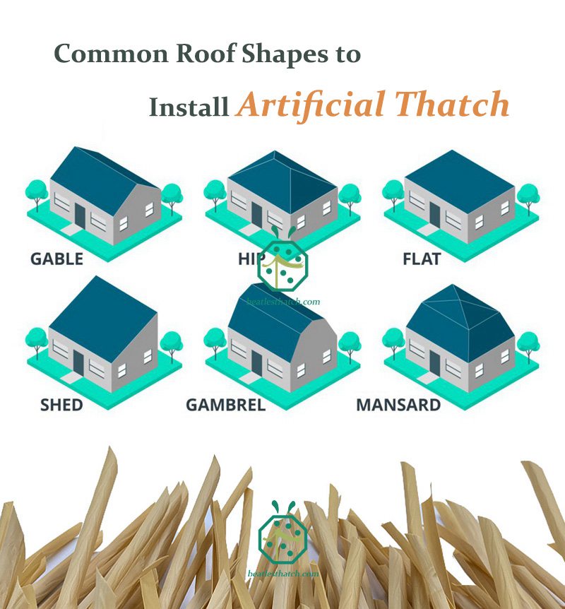 Tejas de techo de paja de imitación nipa utilizadas para techo de paja a dos aguas, cobertizo, cadera, casa de paja plana, Gambrel, Mansard