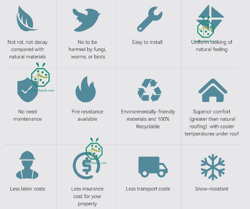 Ventajas de los materiales de cobertura de techos de paja sintética para las habitaciones de bungalows de villas turísticas