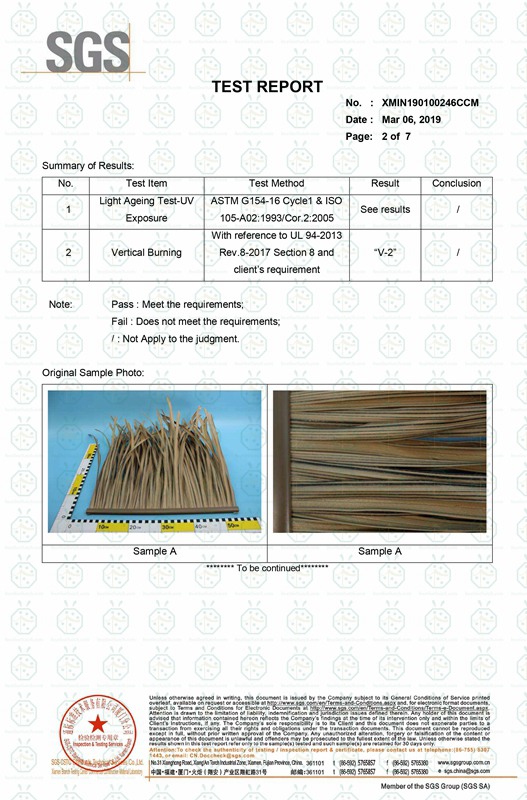 Techo de paja de caña sintética ignífugo con clasificación de incendio e informe de prueba de exposición UV según UL 94-2013