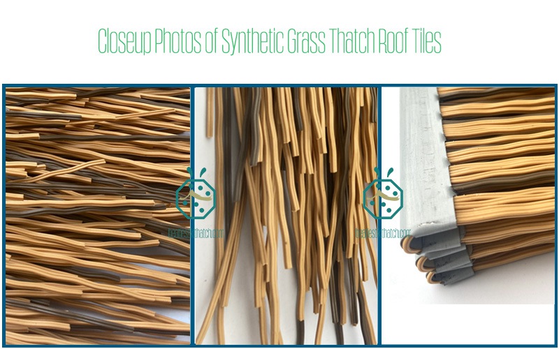 Primer plano de tejas de paja de césped sintético