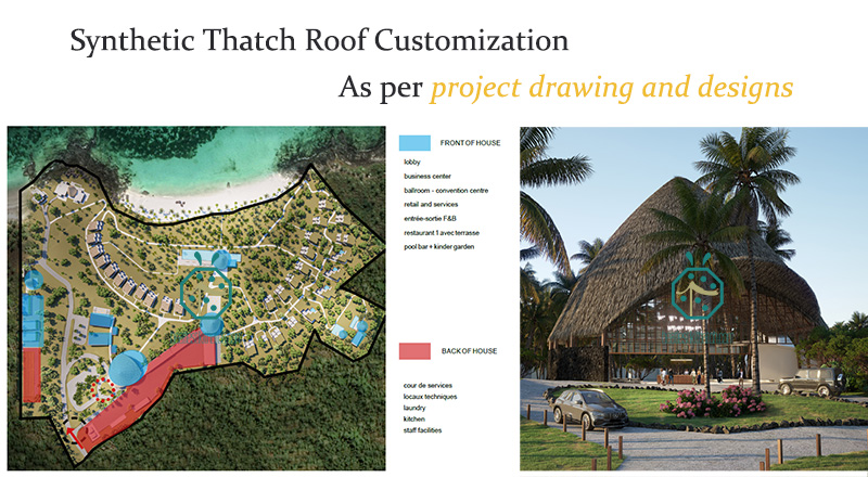 Personalización del techo de paja sintética según los planos y diseños del proyecto para el hotel resort Hideway.